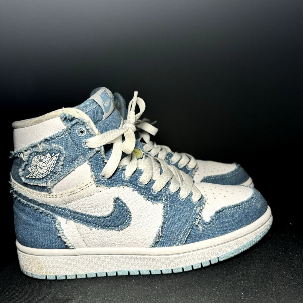 Jordan Women’s High Top Sneakers in White and Light Blue Denim